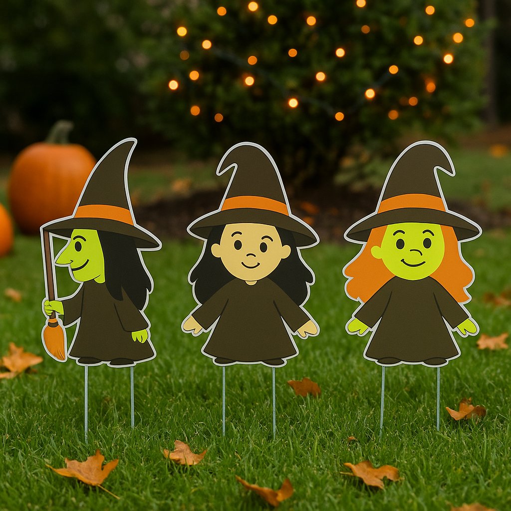 Set of 3 Halloween Witch Yard Stakes – 12” PVC Lawn Decorations, Cute Witches