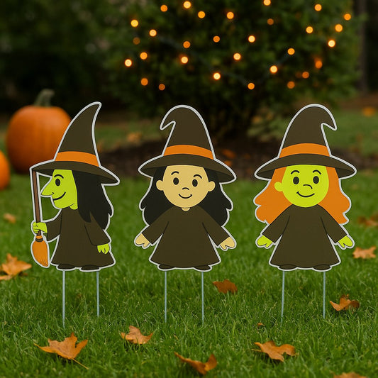 Set of 3 Halloween Witch Yard Stakes – 12” PVC Lawn Decorations, Cute Witches