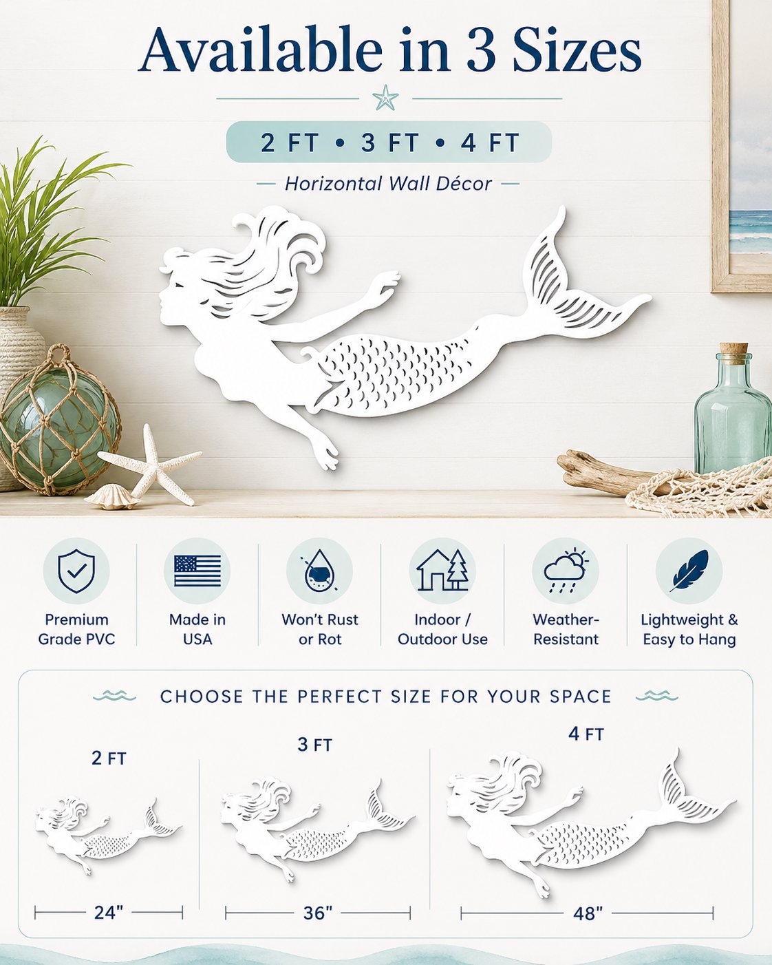 Coastal Mermaid Wall Décor for Indoor/Outdoor Use – Weatherproof PVC Beach House Accent