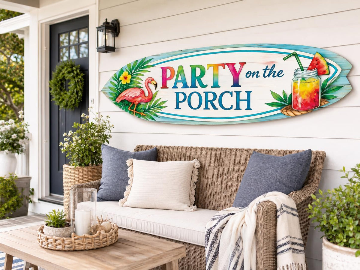 Party on the Porch Surfboard Wall Art, Indoor Outdoor PVC Flamingo Sign