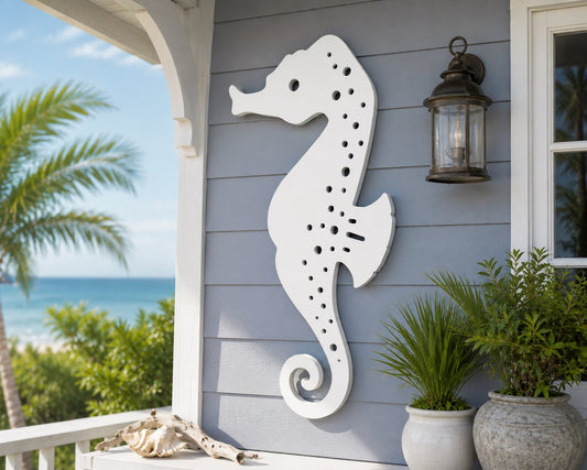 Outdoor Seahorse Wall Art – Coastal Beach House Nautical Sign – Weatherproof PVC Seahorse Decoration – Ocean Themed Marine Art