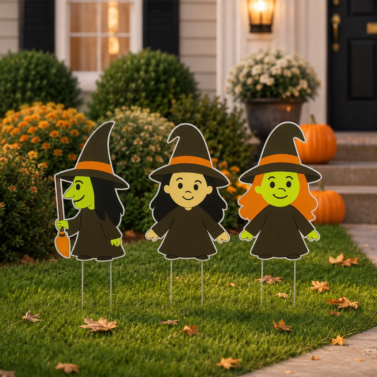 Set of 3 Halloween Witch Yard Stakes – 12” PVC Lawn Decorations, Cute Witches