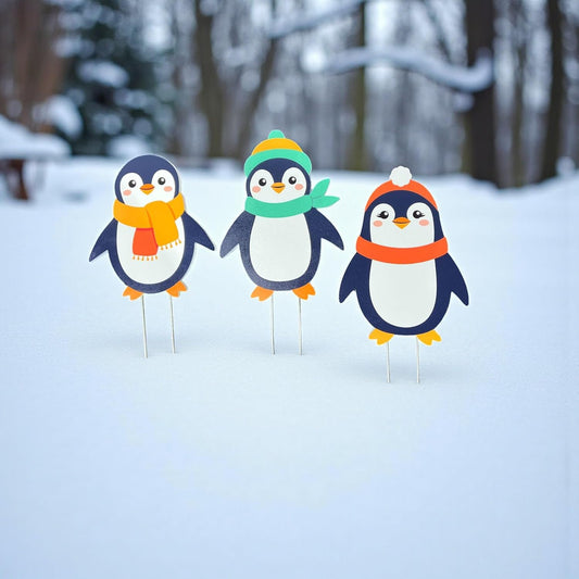 Christmas Penguins Yard Signs Set of 3, Outdoor Holiday Decorations with Stakes
