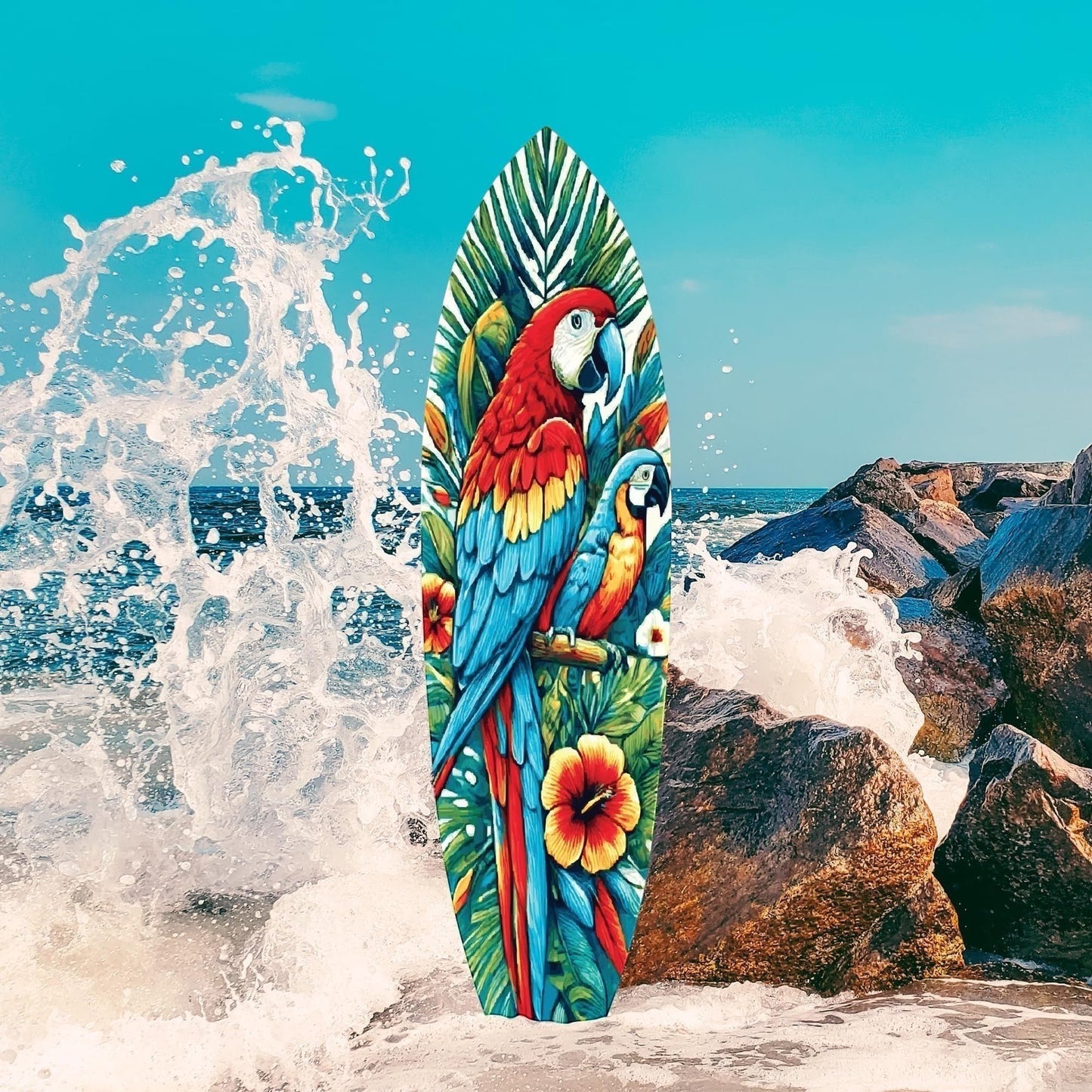 Tropical Parrot Surfboard Wall Art | Macaw Coastal Decor | Indoor Outdoor PVC