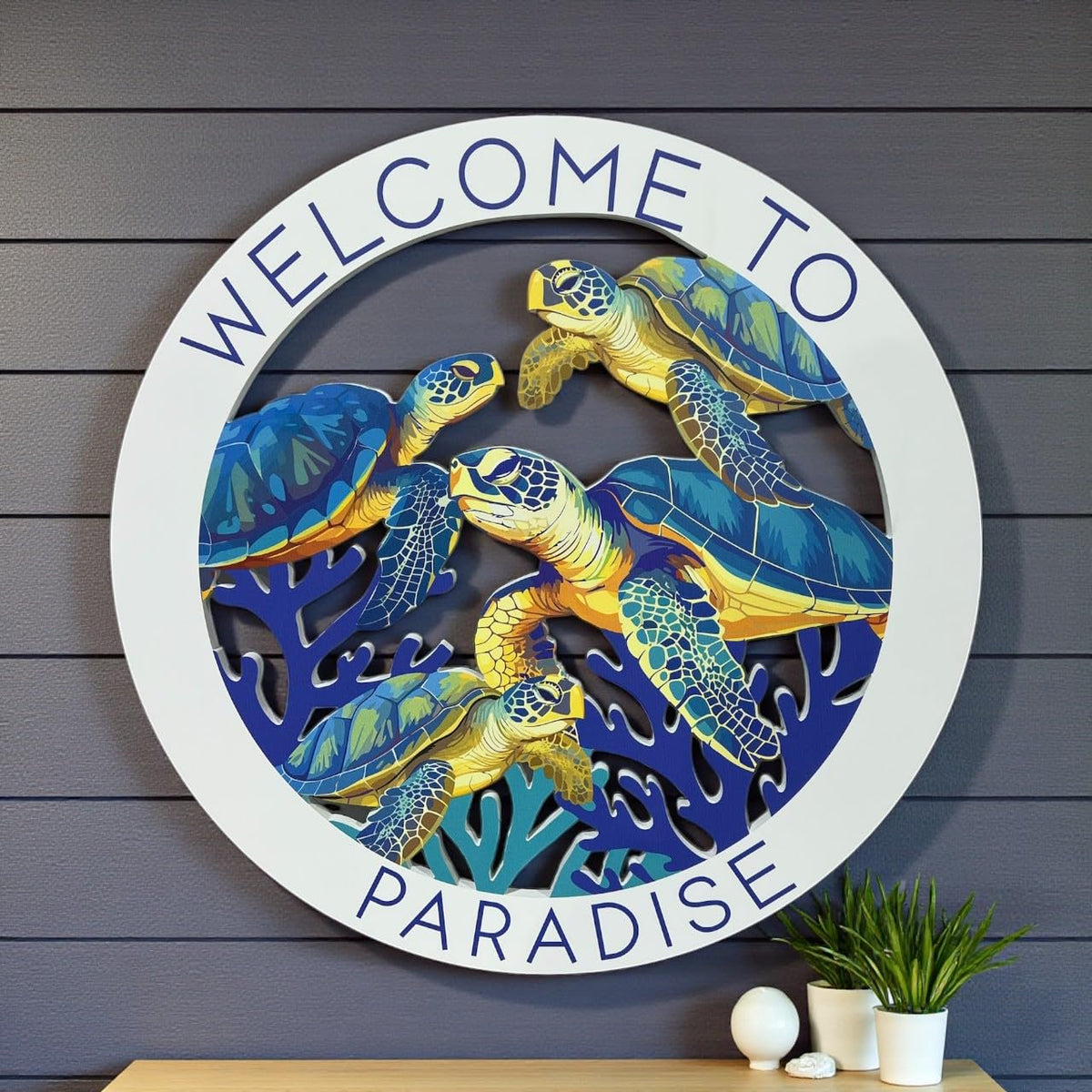 Sea Turtle Welcome to Paradise Sign, Round PVC Beach House Decor, 2-3 FT