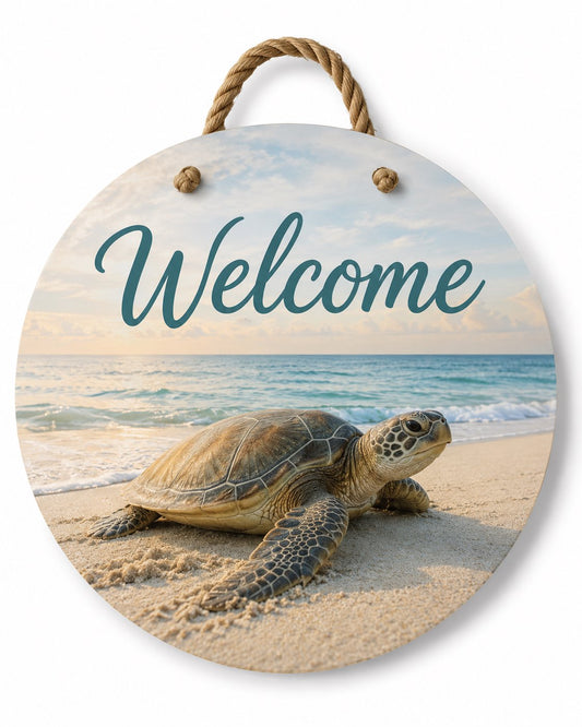 Turtle Welcome Door Hanger, 15-3/4-Inch Round Coastal Nautical Beach House Decor