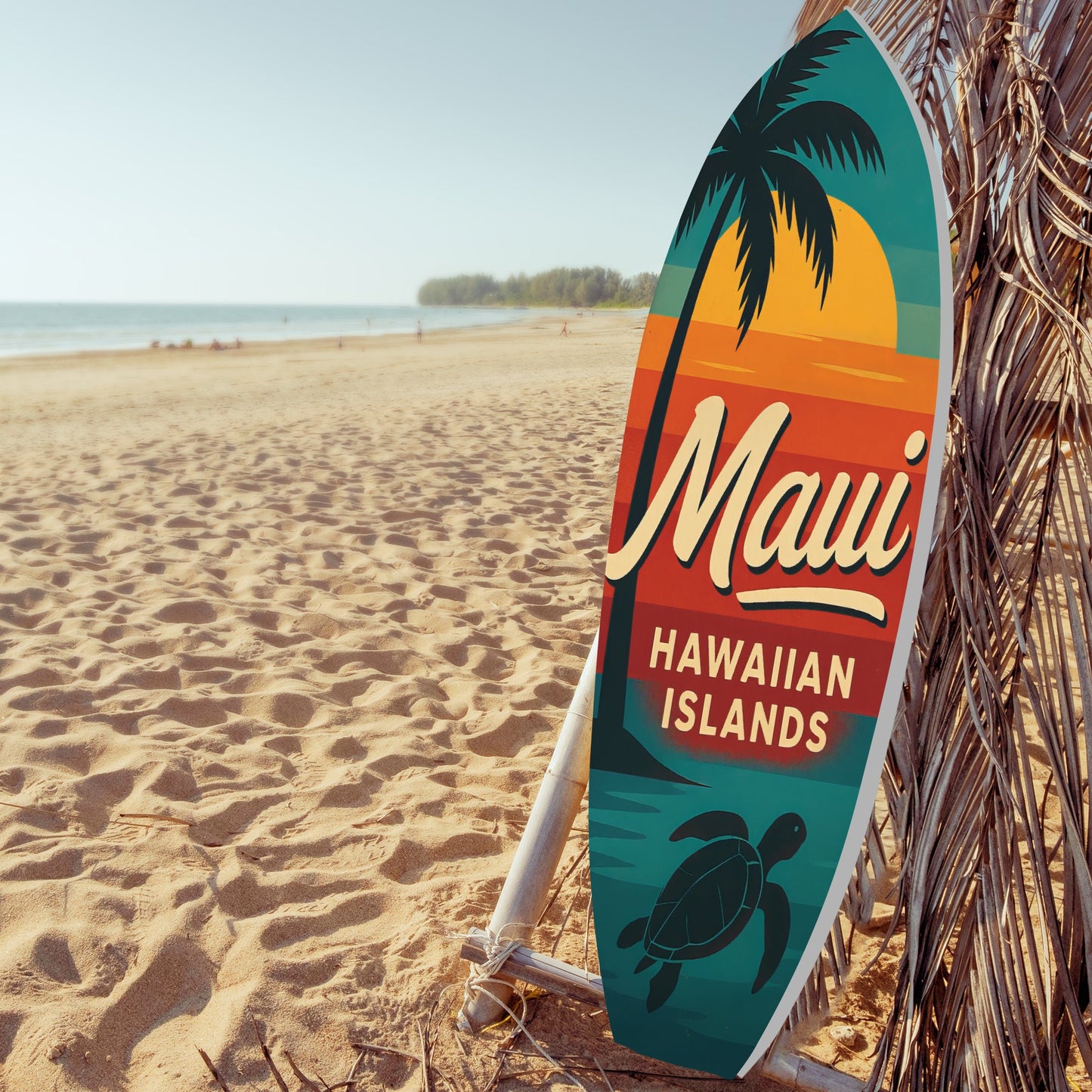 Maui Hawaiian Islands Surfboard Wall Art — Outdoor PVC Sign, Palm Tree & Sea Turtle, Weatherproof Coastal Beach House Decor, Multiple Sizes