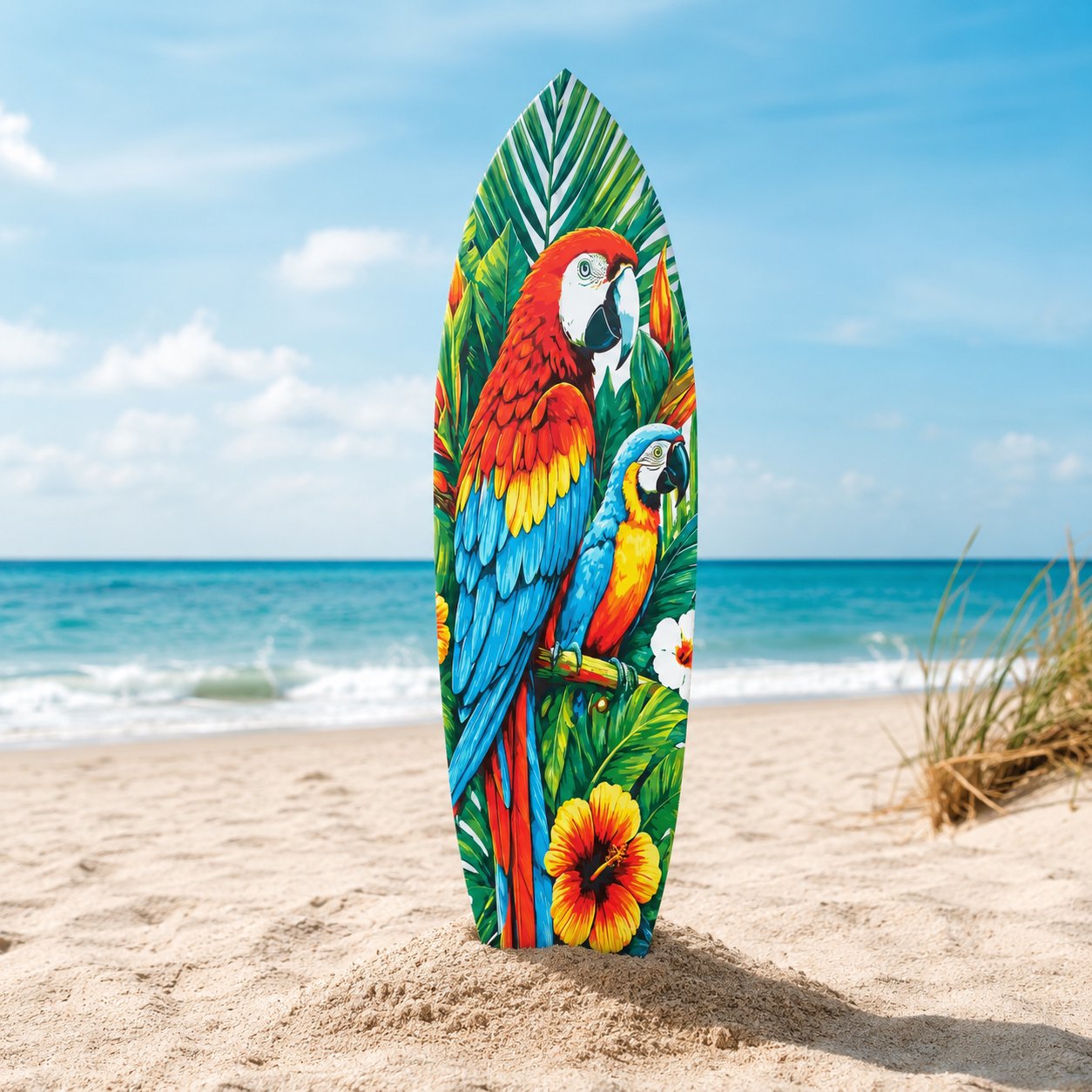 Tropical Parrot Surfboard Wall Art | Macaw Coastal Decor | Indoor Outdoor PVC