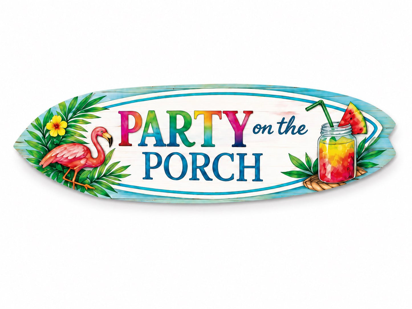 Party on the Porch Surfboard Wall Art – Indoor Outdoor PVC Porch Decor, Tropical Patio Sign, Flamingo Summer Decor