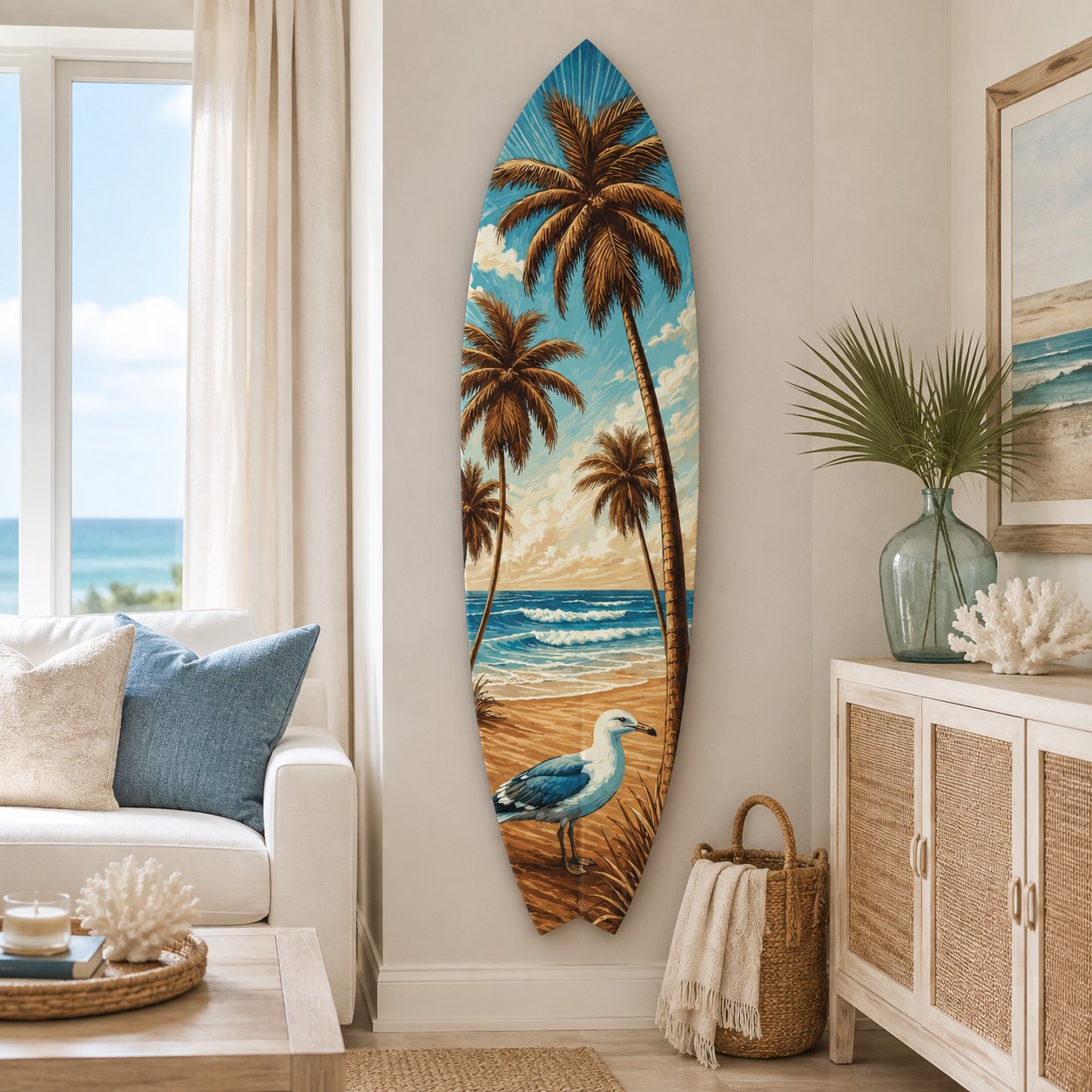 Tropical Beach Surfboard Wall Art | Palm Trees & Waves | Weather-Resistant PVC