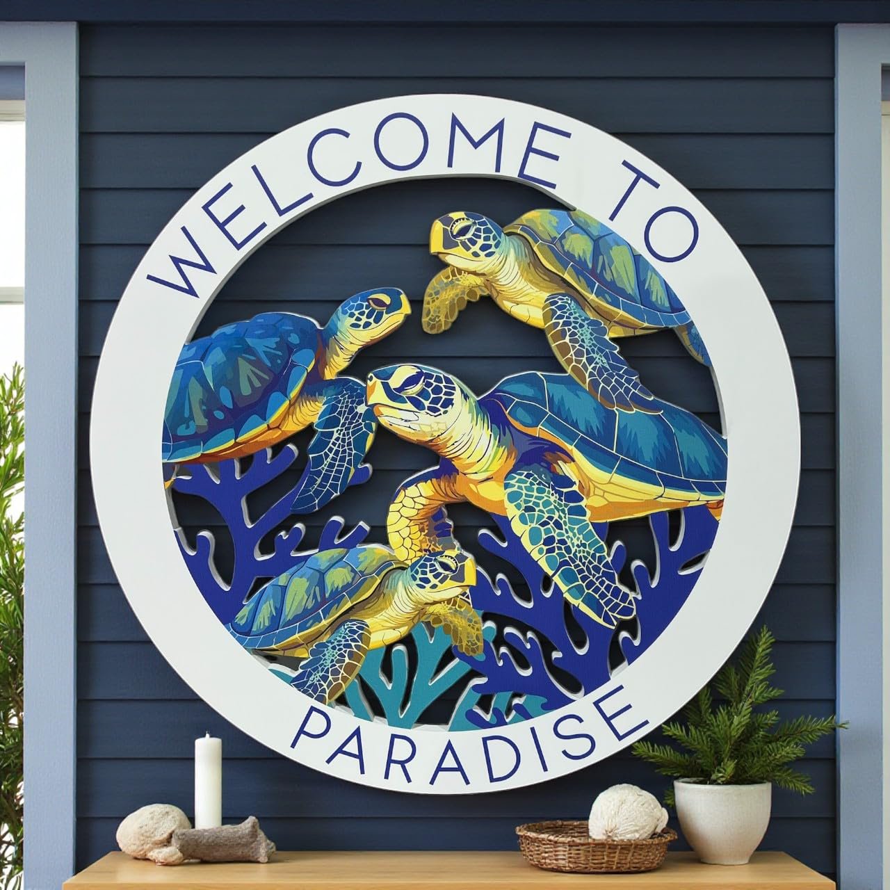 Sea Turtle Welcome to Paradise Sign, Round PVC Beach House Decor, 2-3 FT