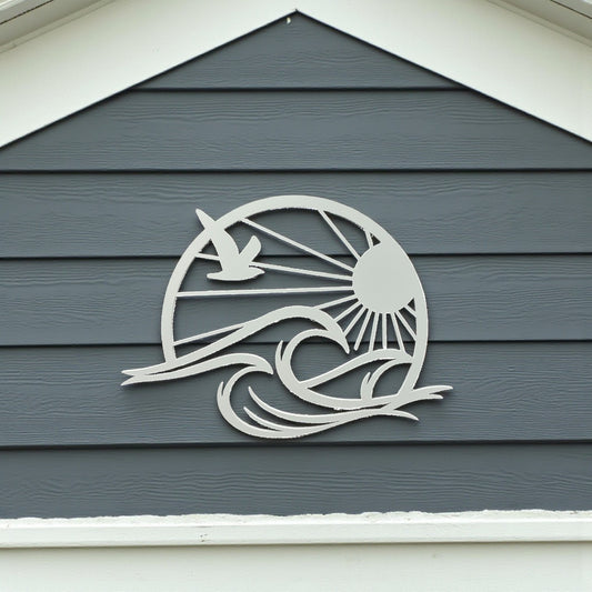 Sun & Waves Coastal Wall Art – 3 Ft PVC Beach House Sign, Seagull Ocean Decor, Nautical Outdoor/Indoor Wall Hanging